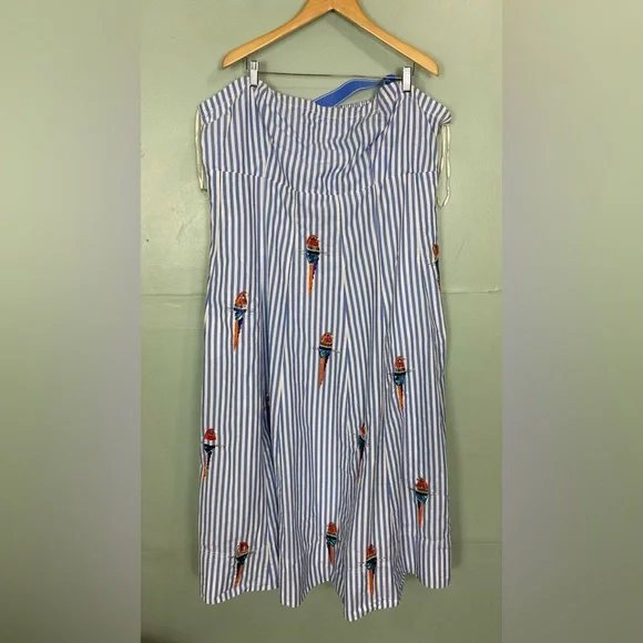 Anthropologie Maeve Tie Back A Line Maxi Dress Striped Blue Beaded Birds 24W - Picture 2 of 16